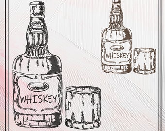 Whiskey Bottle Sketch Machine Embroidery Design, Alcohol Beverage and High Ball Glass Design, Line Art Embroidery, 6 Sizes (2291)