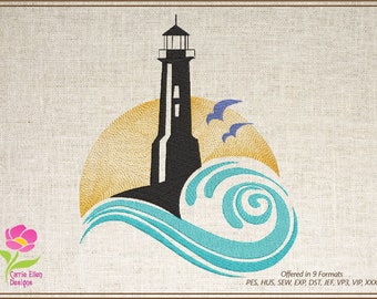 Lighthouse Machine Embroidery Design, Coastal Light House Island Embroidery Design, Seaside Landscape, 8 Sizes (0645)