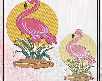 Sunset Flamingo Machine Embroidery Design.  Wading Flamingo in the Grass, Pink Bird Design, 6 Sizes (2380)