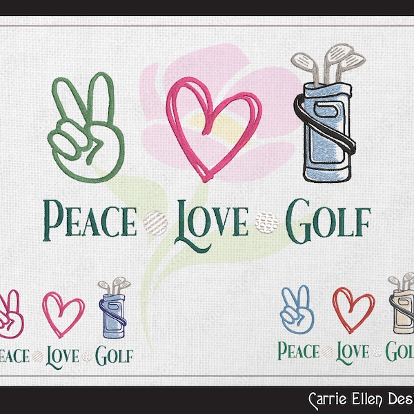 Motif de broderie Machine disant golf, Peace Love Golf pour serviettes, oreillers, chemises, décoration d'intérieur, 6 tailles (1742)