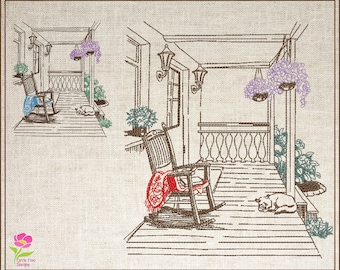 Front Porch Sketch Machine Embroidery Design, Rocking Chair Embroidery, Country Home and Garden Embroidery Design, 6 Sizes (0731)