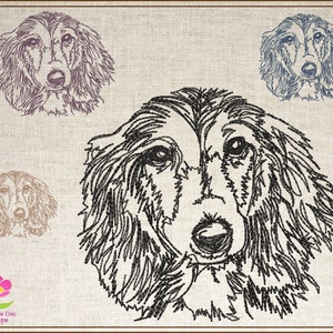 Desenho de bordado à máquina de um Dachshund, para amantes de cães, Dachshund de pelo comprido, 4 tamanhos (0496)