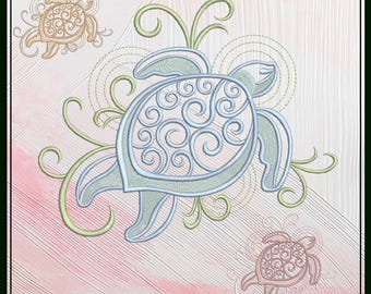 Diseño de bordado a máquina de tortuga marina / Archivo de puntada de tortuga marina en espiral / Patrón de puntada de playa costera, 6 tamaños (4247)