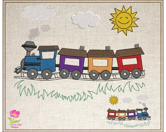 Diseño de bordado a máquina de tren de dibujos animados, diseño de tren colorido para niños, diseño de bordado para babero de body para bebé, 6 tamaños (0753)
