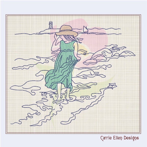 Vintage Walk on the Beach Machine Embroidery Design, Classic Beach Day Design, Girl On a Sandy Beach in The Waves Waves, 8 Sizes (0861)