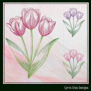 May include: A digital illustration of three pink tulips and three purple tulips with green stems and leaves. The background is a light pink and white watercolor wash. The text "Carrie Ellen Designs" is at the bottom of the image.