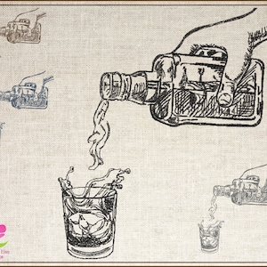 Peut inclure: Un dessin au trait noir et blanc d'une main versant du liquide d'une bouteille dans un verre. Le liquide éclabousse et crée un effet de vague. L'image est sur un fond texturé.