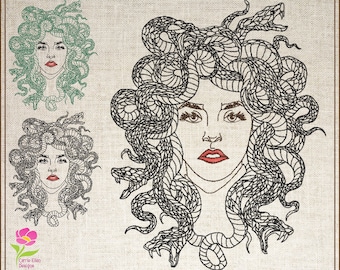 Disegno per ricamo a macchina con testa di serpente Medusa, ricamo con mitologia greca con serpenti, ricamo con serpente fantasy, 6 misure (0679)