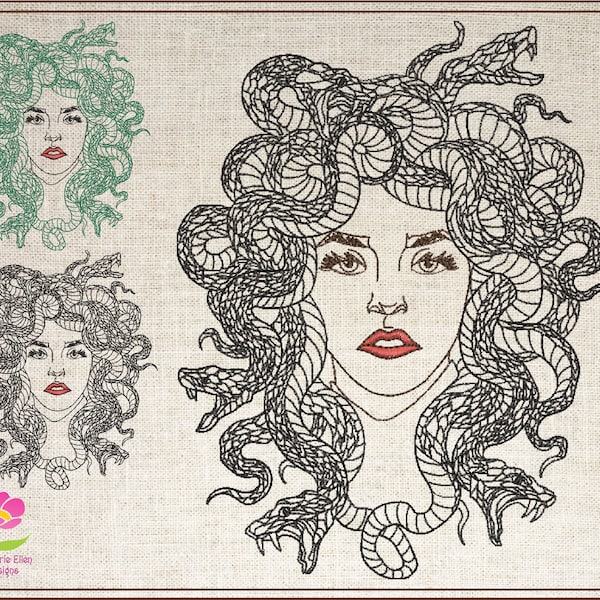 Medusa Snake Head Machine Embroidery Design, Line Art Greek Mythology Medusa with Snakes Embroidery, Fantasy Serpent Lady, 6 Sizes (0679)
