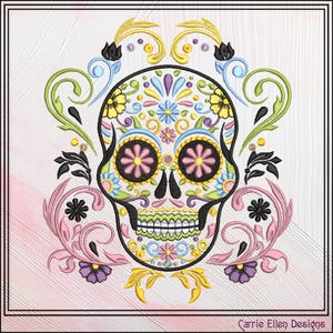 Czaszka z cukru z wirami i kwiatami – wzór haftu maszynowego na Dzień Zmarłych | Dia de los Muertos, 6 rozmiarów (3762)