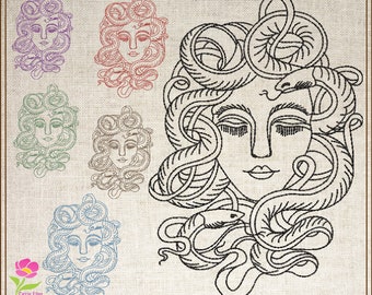 Disegno per ricamo a macchina testa di Medusa, disegno per ricamo a mano con motivo di mitologia greca Medusa con serpenti, donna serpente fantasy, 6 misure (0526)
