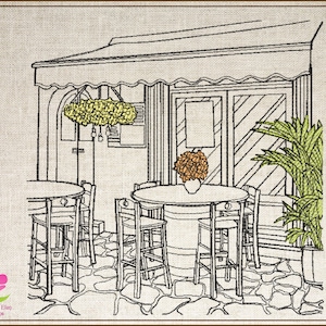 Peut inclure: Dessin au trait noir et blanc d'une terrasse de café avec deux tables et chaises, une plante en pot et un panier de fleurs suspendu. Le café a une auvent rayé et une porte avec une fenêtre.