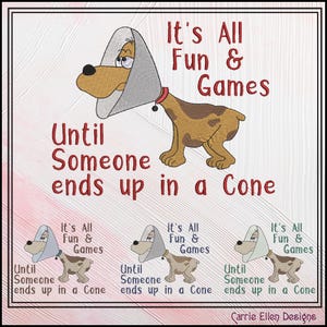 以下が含まれることがあります： 「It's All Fun & Games Until Someone Ends Up In A Cone」というテキストが書かれた、恥ずかしさの円錐形を被った漫画の犬。