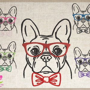 Motif de broderie Machine bouledogue français, chien Frenchie avec lunettes et noeud papillon, broderie Machine pour animaux de compagnie, 4 tailles (0507)