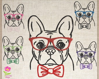 French Bulldog Machine Embroidery Design, Frenchie Dog Wearing Glasses and a Bow Tie Design, Pet Machine Embroidery, 4 Sizes (0507)