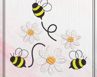 Bumble Bees and Daisies Machine Embroidery Design. Garden Flowers Embroidery Patterns, 6 Sizes (2418)