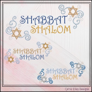May include: Embroidered design featuring the words "Shabbat Shalom" in blue and gold, with Star of David and swirl accents. The design is repeated in multiple corners on a pink and white background. The text "Carrie Ellen Designs" is at the bottom.