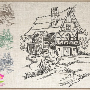 May include: A black and white line drawing of a quaint cottage with a water wheel, surrounded by trees and a stream. The cottage has a thatched roof and a chimney. The water wheel is turning and the stream is flowing. The drawing is on a textured background.