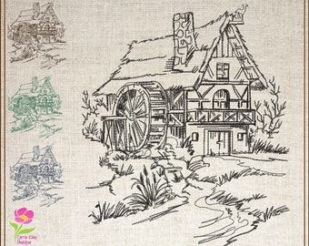 Water Wheel Mill Sketch Machine Embroidery Design, Grist Mill Artistic Sketch, Line Art Landscape Embroidery Design, 6 Sizes (0692)