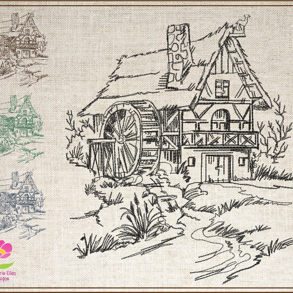 Water Wheel Mill Sketch Machine Embroidery Design, Grist Mill Artistic Sketch, Line Art Landscape Embroidery Design, 6 Sizes (0692)