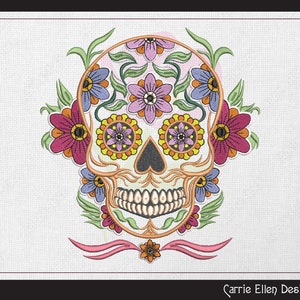 Tête de mort en sucre avec motif de broderie Machine fleurs, tête de mort avec des pensées, jour des morts Dia de los Muertos, 6 tailles (1573)