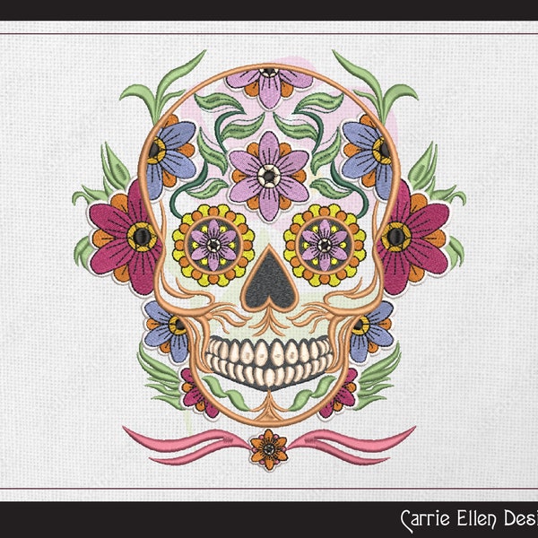 Sugar Skull with Flowers Machine Embroidery Design, Skull with Pansies, Day of the Dead  Dia de Los Muertos, 6 Sizes (1573)