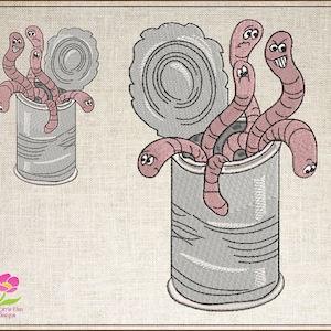 Can of Worms Idiom Machine Embroidery Design, Embroidered Sayings Design, Tin Can and Worms Picture Sayings and Quotes, 6 Sizes (0588)
