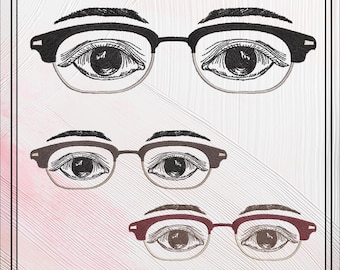Eyeglasses Machine Embroidery Design, Mens Eyes Embroidery Pattern, Horn-Rimmed Glasses with eyes Embroidery Design, 6 Sizes (2755)
