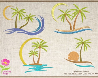 Tropical Island Machine Embroidery Design Bundle, Palm Tree Island Embroidery, Palm Trees and Sunset Embroidery Design 8 Sizes (0541)
