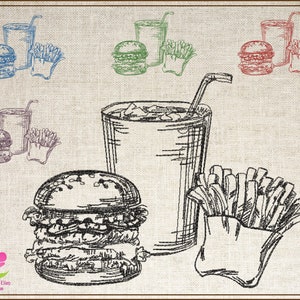 Burger and Fries Sketch Machine Embroidery Design, Cheeseburger Coke and Fries Fast Food Meal Embroidery, Sketch Embroidery, 6 Sizes (0710)