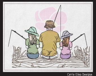 Father and Daughters Fishing Machine Embroidery Design, Father’s Day Design, Dad and Girls Fishing Sketch Embroidery, 6 Sizes (1182)
