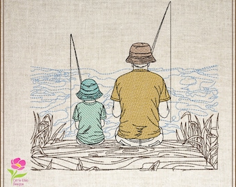 Father and Son Fishing Machine Embroidery Design, Father’s Day Design, Dad and Son Fishing on the Dock Sketch Design, 6 Sizes (0680)
