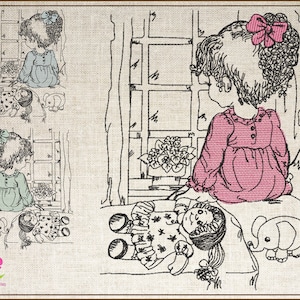 May include: A black and white line drawing of a girl sitting by a window, looking out. She is holding a doll and there is a small elephant toy on the floor. The girl is wearing a pink dress and has a bow in her hair.