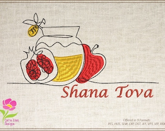 May include: A line drawing of a pomegranate, an apple, and a jar of honey with the text "Shana Tova" in red. The image is on a beige linen background.