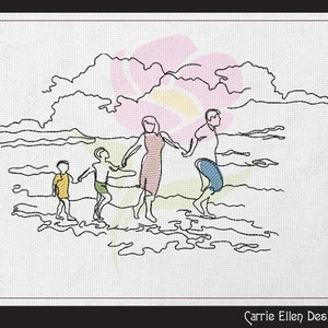 Motif de broderie machine famille plage à pied, motif classique de jour de plage, croquis de plage, 6 tailles (1171)