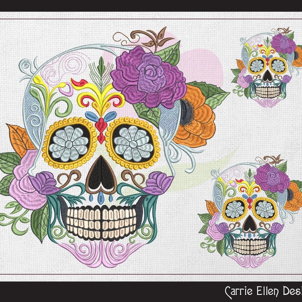 Motif de broderie Machine crâne en sucre avec fleurs, motif de broderie du jour des morts, Dia de Los Muertos, 6 tailles (1572)