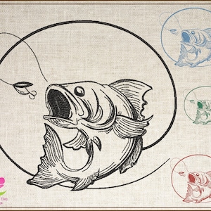 Może przedstawiać: Czarno-biała ilustracja liniowa przedstawiająca okonia z otwartą paszczą, jakby miał ugryźć przynętę. Ryba jest otoczona kółkiem i żyłką wędkarską z przynętą.