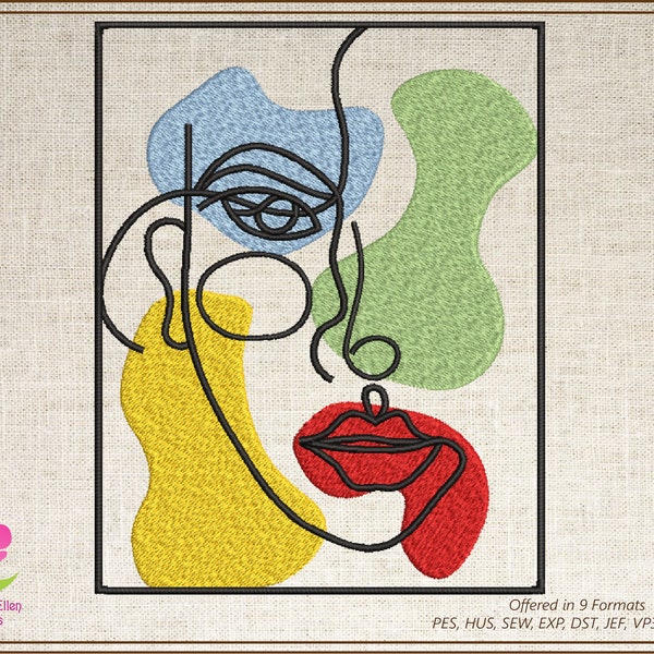 Motif de broderie visage de femme, motif de broderie Machine beaux-arts, motif visage de femme multicolore, conception Art minimaliste, 8 tailles (0481)