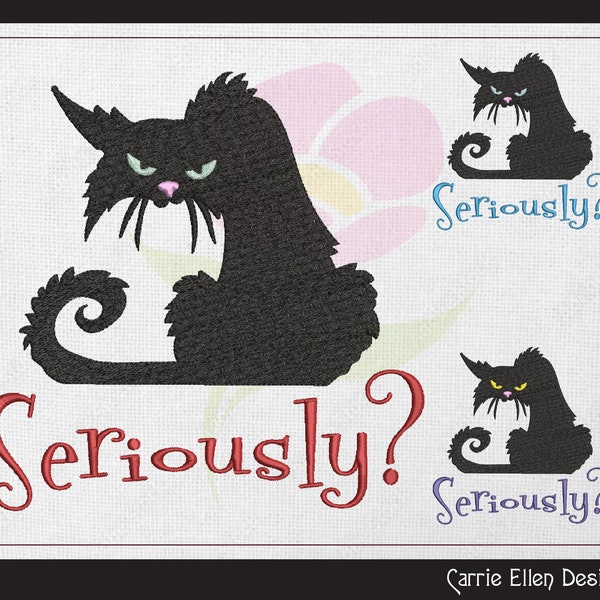 Cat Machine Embroidery Design Saying, Black Cat Design, Seriously? Humorous Sarcastic Sayings and Quotes, Cat Attitude, 6 Sizes (1802)