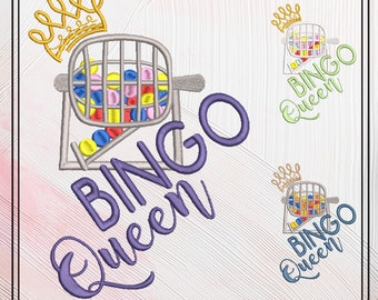 Bingo Queen ricamo Design, disegno ricamo macchina, gioco del Bingo, gabbia del Bingo con corona, 6 dimensioni (2393)