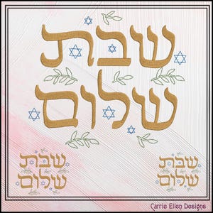 Puede incluir: Obra de arte bordada con la frase hebrea "Shabbat Shalom" en hilo dorado. El diseño incluye símbolos azules de la Estrella de David y acentos de hojas verdes sobre un fondo rosa y blanco. La obra está enmarcada en un borde negro.