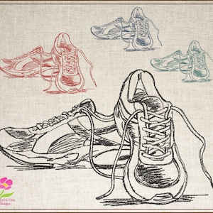 Könnte beinhalten: Ein Paar schwarze und weiße Turnschuhe mit Schnürsenkeln, die in einem Kreuzmuster gebunden sind. Die Turnschuhe sind im Skizzenstil auf einem strukturierten Hintergrund gezeichnet.