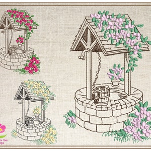 May include: Three embroidery designs of a stone well with a wooden roof and a bucket hanging from a chain. The well is surrounded by flowers and vines. The flowers are pink, yellow, and white.