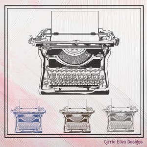 以下が含まれることがあります： ピンクと白の背景に、空白の紙が載ったビンテージタイプライターの白黒イラスト。タイプライターには、丸い円形のキーが1つ見える。