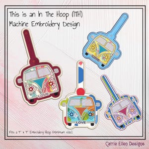 May include: Four colorful machine embroidery designs shaped like vintage vans, each with a different color scheme and floral accents. The designs include the word "LOVE" and are labeled as "In The Hoop" designs.