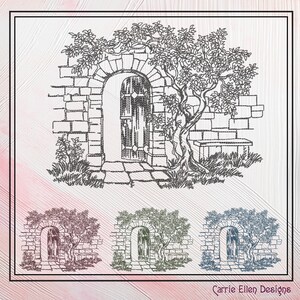 May include: A black and white line drawing of a stone archway with a wooden door and a tree growing over it. The archway is surrounded by a brick wall and there is a small bench in front of the door. The image is repeated three times in different colors: pink, green, and blue.