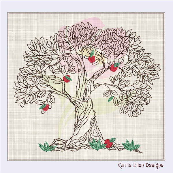 Apple Tree Machine Embroidery Design,  Fruit Tree Embroidery Sketch, Home and Garden Tree with Leaves Outline, 8 sizes (0852)