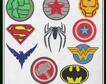 Superhero Machine Embroidery Design Bundle, Fan Art Super Hero Logos, 10 Designs, 4 Sizes Each Design (2381)