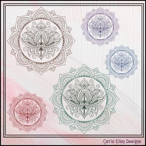 以下が含まれることがあります： 蓮の花のモチーフが施された、黒と白の複雑なマンダラ模様が5つ。マンダラはピンクと白の背景に描かれています。模様は、青、緑、赤の様々な色合いで描かれています。