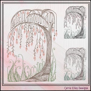 Konstnärlig maskinbroderidesign med pilträd, linjekonst skissmönster med träd, gråtande pil, 6 storlekar (3202)